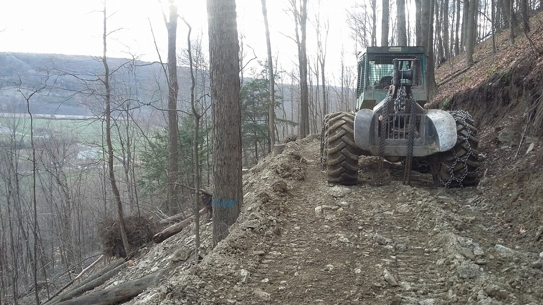 Forestry skidder navigating hillside terrain during timber harvest operation